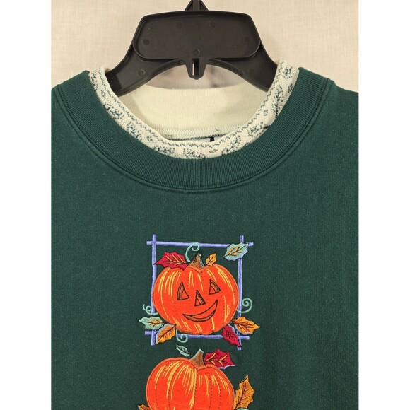 VTG Bobbie Brooks Pumpkins Embroidered Sweatshirt Mock Neck Green Women's Large - Picture 3 of 8